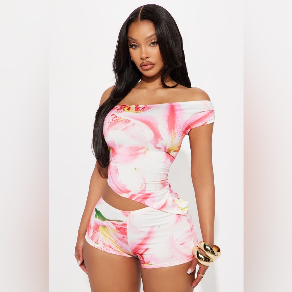 Fashion Nova Pink Floral Off-Shoulder Romper